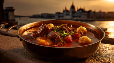 Paprika broth and herb scatter evoke clarity, ritual, and editorial depth in culinary storytelling. Landmark glow and stew texture highlight heritage, warmth, and flavor rhythm.の素材