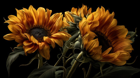 Petal glow and leaf curvature evoke clarity, ritual, and editorial depth in botanical storytelling. Black contrast and textured shading highlight geometry, emotion, and floral rhythm.の素材