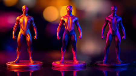 Pose symmetry and suit contrast evoke clarity, ritual, and editorial depth in character storytelling. Bokeh glow and color tension texture highlight, stance, and collector rhythm.の素材