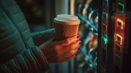 Warm tones and casual gesture evoke clarity, ritual, and editorial depth in lifestyle storytelling. Red nails and vending glow highlight texture, convenience, and everyday rhythm.の素材
