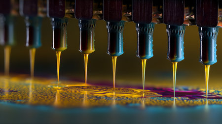 Precision streams and vibrant hues evoke clarity, ritual, and editorial depth in technical storytelling. Nozzle symmetry and ink layering highlight innovation, texture, and print rhythm.の素材