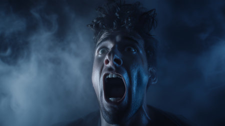 Close-up of a person screaming in terror under blue cinematic lighting with smoky background, dramatic shadows, and intense emotional expression.の素材