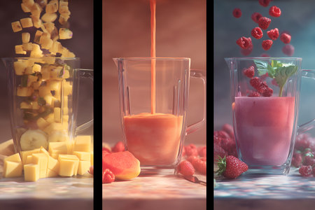 Three vertical panels showing smoothie stages: chopped tropical fruit falling into a blender, a thick orange mango blend being poured, and a finished deep-red berry smoothie with raspberries and mint garnish.の素材