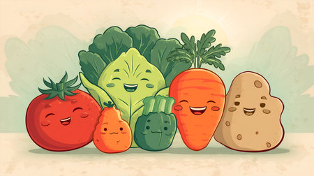 Playful illustration of smiling anthropomorphized vegetables - tomato, carrot, potato, zucchini, small orange pepper, and two leafy greens - standing together in a warm pastel landscape with a sun rising behind them; bright colors, friendly faces, and simple shapes create an inviting, child-friendly scene ideal for educational, promotional, or kids' editorial use.の素材