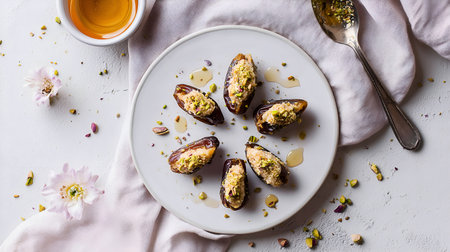 Six dates halved and filled with creamy filling, topped with crushed pistachios and honey drizzle on a white plate, styled with scattered pistachios, a spoon, honey bowl and pink flowers.の素材