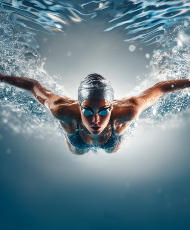 A butterfly stroke swimmer wearing a silver cap and goggles powers through the water with arms extended outward, water erupting around the torso. The shot captures muscular form, technique, and the raw intensity of competitive swimming.の素材