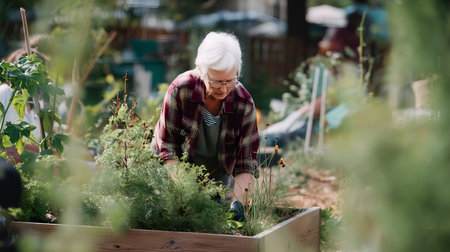 Three older adults tend raised beds in a sunny garden. Tomato plants, gloves, and greenery evoke sustainability, wellness, and peaceful community engagement.の素材