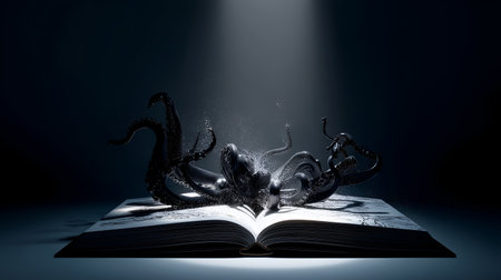 Surreal scene of a lifelike black octopus emerging from an open book under a focused beam of light, tentacles and water droplets blending inked ocean illustrations with dramatic contrast.の素材