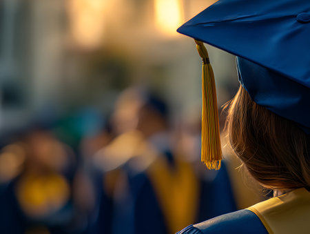 Close-up rear view of a graduate in blue cap and gown with yellow tassel, peers blurred in background, warm late-afternoon light conveying celebration and transition.の素材