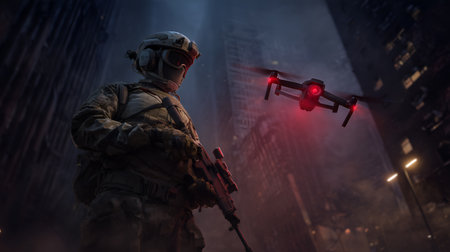 Heavily armed soldier in full tactical gear stands in a dark urban environment at night; helmet with mounted device, protective goggles, camouflage clothing, and a rifle at ready convey high alert; a red-lit drone hovers nearby amid smokey, dramatic lighting and tall buildings, evoking urban reconnaissance, tactical operations, and modern warfare.の素材