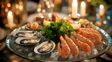 Elegant seafood platter with shrimp, oysters, and lemon on ice. Lit candles and festive backdrop evoke luxury dining, freshness, and culinary celebration.の素材