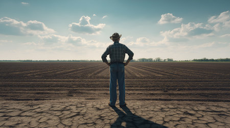 Person in plaid shirt surveys dry soil and freshly tilled field. Sunlight and clouds evoke themes of agriculture, land management, and environmental resilience.の素材