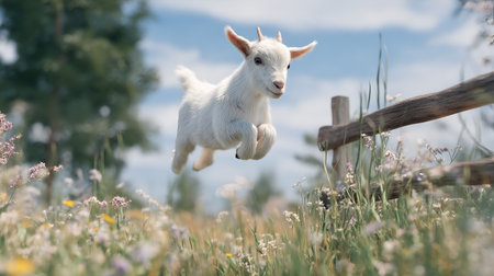 Energetic white goat mid-jump over wooden fence in vibrant field. Wildflowers, trees, and blue sky evoke motion, joy, and pastoral freedom.の素材