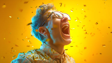 Expressive portrait of a person with short light hair and glasses amid falling golden confetti against a vibrant yellowâorange backdrop, mouth open in a joyful, celebratory moment.の素材