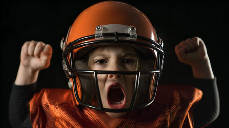 Youthful football player in helmet and orange jersey shouts with fists raised. Dark background highlights emotion, intensity, and sports passion.の素材