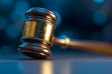 Close-up of a polished wooden gavel with a metallic band resting on a surface against a blurred blue-toned background; composition emphasizes authority, legal symbolism, and judicial procedure for editorial or legal-use contexts.の素材