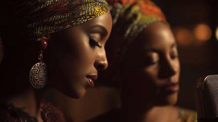 Close-up of two singers in ornate headwraps sharing a microphone in warm, intimate light. Ideal for editorial, cultural, musical, or expressive photography themes.の素材