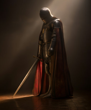 Knight in full metal armor with sword and red cape, standing in moody spotlight. Ideal for editorial, historical, cinematic, or conceptual photography themes.の素材