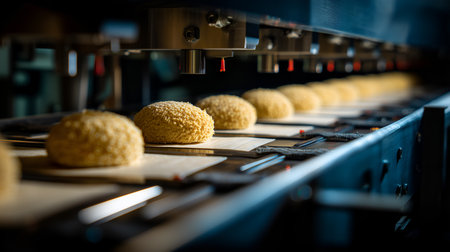 Industrial food processing line with breaded items on trays under automated dispensers. Ideal for editorial, culinary technology, manufacturing, or automation photography themes.の素材