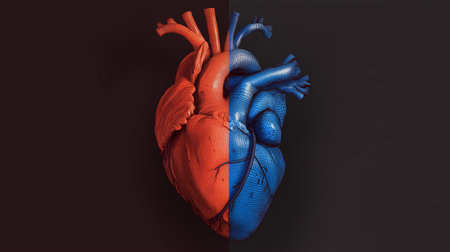 Digital heart illustration showing oxygenated and deoxygenated flow in red and blue. Ideal for editorial, medical, scientific, or conceptual storytelling photography themes.の素材
