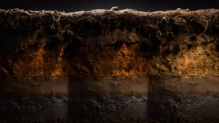 Vertical soil profile with O, A, B, and C horizons in distinct colors and textures. Ideal for editorial, environmental science, geology, or agronomy photography themes.の素材