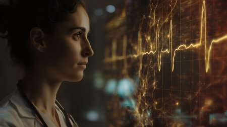 Doctor in white coat studies glowing ECG waveform fused with digital nodes. Ideal for editorial, medical technology, AI diagnostics, or conceptual healthcare photography themes.の素材