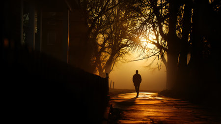 Person walking on wet street under bare trees in warm sunrise mist. Ideal for editorial, lifestyle, nature, travel, or emotional storytelling photography themes.の素材