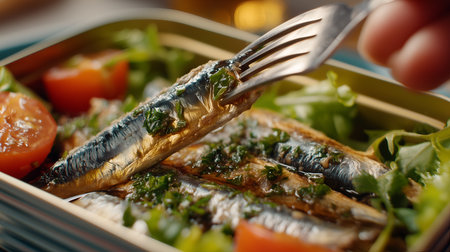 Close-up of sardines lifted from tin with herbs, tomatoes, and greens. Ideal for editorial, culinary, nutrition, or lifestyle photography themes.の素材