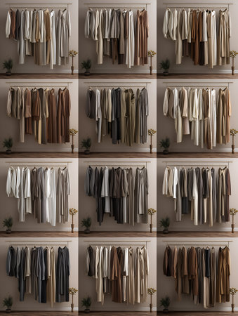 Grid of wardrobe racks with coats and tops in varied palettes and soft lighting. Ideal for editorial, fashion, retail, or interior styling photography themes.の素材