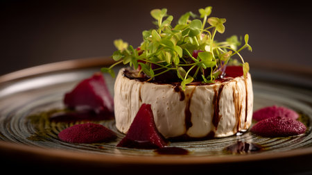 Elegant dish with creamy cheese, vibrant purÃ©es, and fresh garnish. Ideal for editorial, culinary, fine dining, or modern plating photography themes.の素材