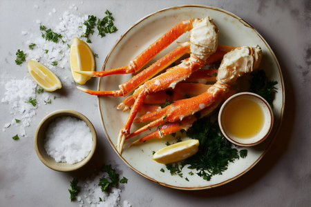 Plated crab legs garnished with parsley, lemon wedges and a bowl of melted butter, styled with coarse sea salt for an elegant seafood presentation.の素材