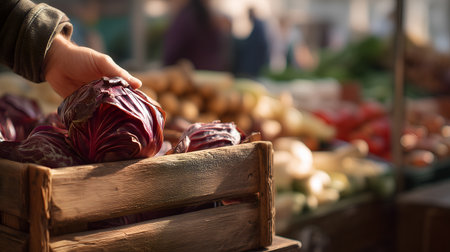 Hand selecting deep-red radicchio from a wooden crate at a sunlit outdoor market, colorful produce and bustling stalls blurred in the background.の素材