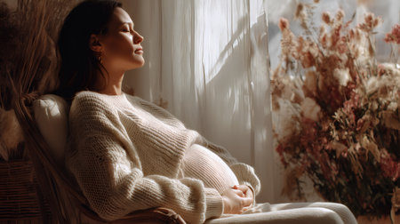 Expectant person in cozy sweater rests hands on belly in warm, light-filled space. Dried florals and soft tones evoke calm, anticipation, and natural beauty.の素材