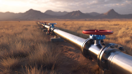 Long metal pipeline with red and blue valves runs through dry terrain. Warm sunset and mountain backdrop evoke infrastructure, engineering, and remote utility systems.の素材