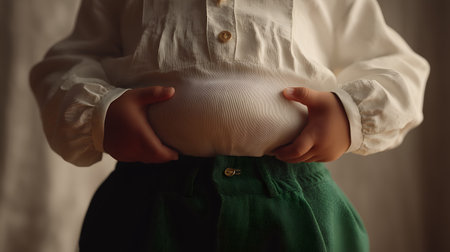 Close-up of child pressing belly with both hands. Soft textures, warm light, and clothing detail evoke intimacy, body awareness, and gentle childhood storytelling.の素材