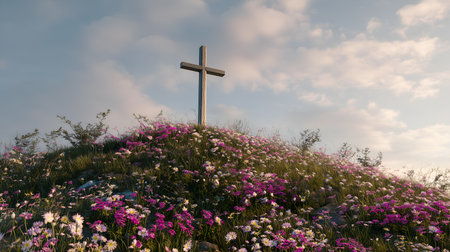 Cross stands atop grassy hill with pink and white wildflowers. Soft light and clouds evoke peace, reflection, and symbolic presence in nature's embrace.の素材