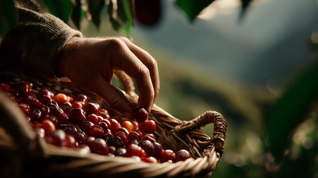 Close-up of hand selecting cherry from basket in orchard with colorful fruit and soft sunlight. Ideal for editorial, nature, culinary, or seasonal photography themes.の素材