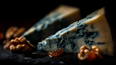Creamy blue cheese with amber syrup and walnuts on dark backdrop. Ideal for editorial, culinary, rustic food, or artisanal ingredient photography themes.の素材