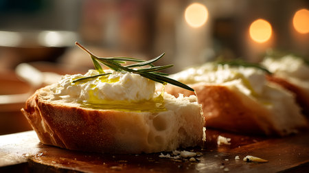Golden toast topped with creamy burrata, olive oil, and rosemary in warm ambient light. Ideal for editorial, culinary, rustic food, or artisanal appetizer photography themes.の素材