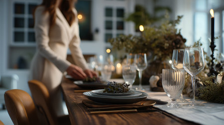 Dark wood table set with plates, glassware, and greenery in cozy indoor light. Ideal for editorial, hospitality, lifestyle, event, or seasonal storytelling photography themes.の素材