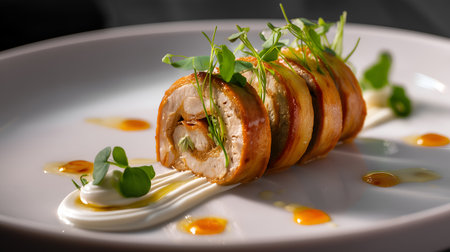 Sliced chicken roulade with microgreens atop creamy white sauce and golden-orange droplets. Ideal for editorial, culinary, gourmet, or fine dining photography themes.の素材