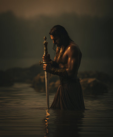 Muscular figure stands waist-deep in misty water holding ornate sword. Ideal for editorial, fantasy, cinematic, ritual, or symbolic photography themes.の素材