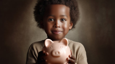 Close-up of child with curly hair holding pink piggy bank, wearing beige sweater. Ideal for editorial, financial literacy, childhood education, or family photography themes.の素材
