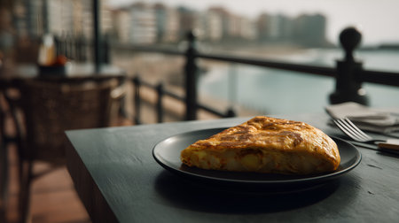 Golden tortilla slice served on dark plate with scenic seaside backdrop. Ideal for editorial, culinary, travel, or hospitality photography themes.の素材