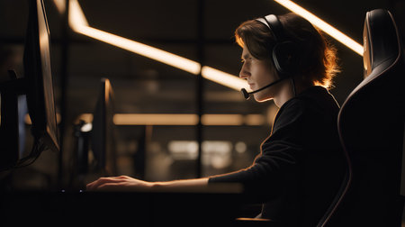 Person in gaming chair with headset and glowing background, focused on screen. Ideal for editorial, esports, tech lifestyle, or digital culture photography themes.の素材