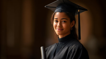 Portrait of graduate in cap and gown holding diploma with soft smile. Ideal for editorial, education, achievement, or milestone photography themes.の素材