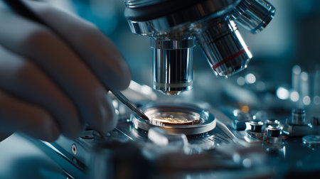Close-up of tweezers adjusting sample under microscope in high-tech lab. Ideal for editorial, scientific, medical, or research photography themes.の素材