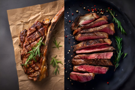 Tomahawk steak cooked medium-rare shown whole on parchment with rosemary and sliced on a black plate sprinkled with peppercorns for rustic gourmet presentation.の素材