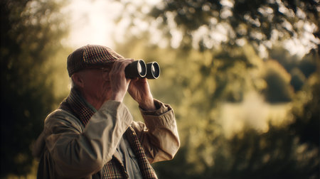 Older individual in brown trench coat and tweed flat cap gazing through binoculars in a softly lit outdoor setting. The warm glow of early morning or late afternoon sun filters through trees, creating a serene and contemplative moodâideal for editorial cycles on aging, nature observation, curiosity, or poetic lifestyle storytelling.の素材