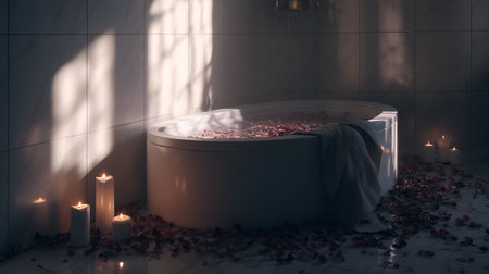 White tub filled with water and rose petals, surrounded by candles. Marble tiles and soft light evoke romance, luxury, and tranquil self-care ambiance.の素材
